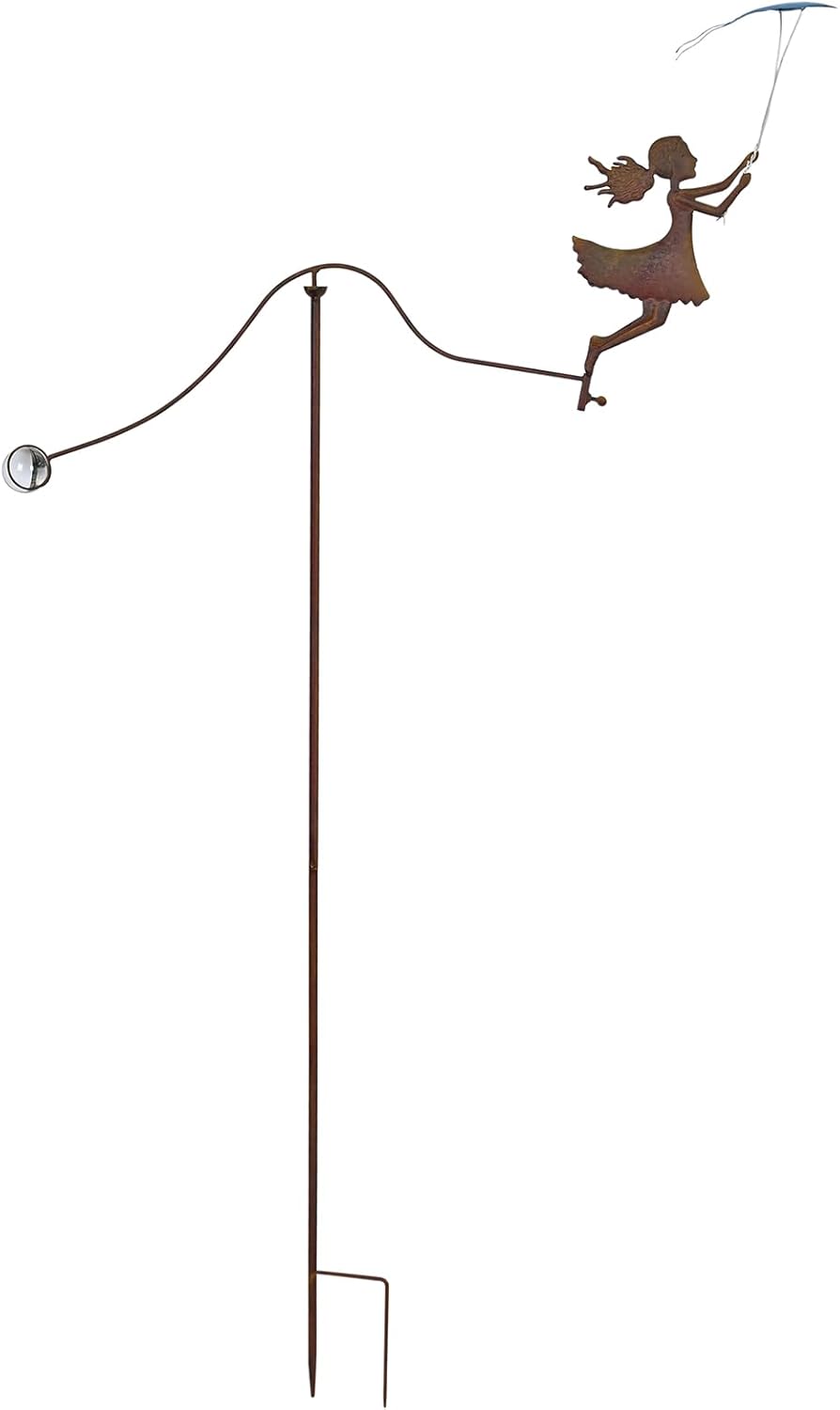 Metal Yard Balancer Garden Decorative Stakes 67", Rusty Treatment Iron Balancing Sculpture, Girl Flying Kite Balanced Stake, Present to Mother Sister Daughter as Park Lawn Patio Decor Art