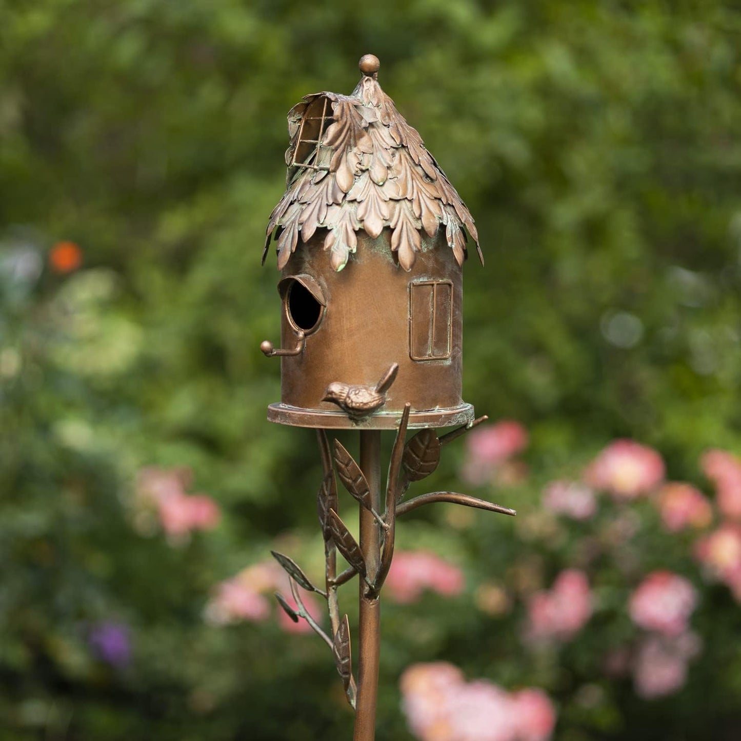 Copper Color Bird House Garden Stake with Ornate Style Roof (Cylinder House)