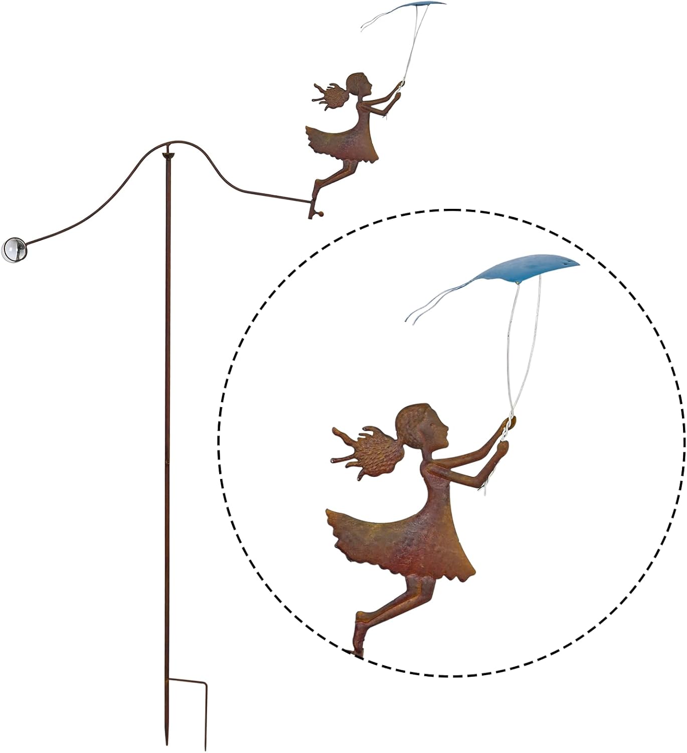 Metal Yard Balancer Garden Decorative Stakes 67", Rusty Treatment Iron Balancing Sculpture, Girl Flying Kite Balanced Stake, Present to Mother Sister Daughter as Park Lawn Patio Decor Art