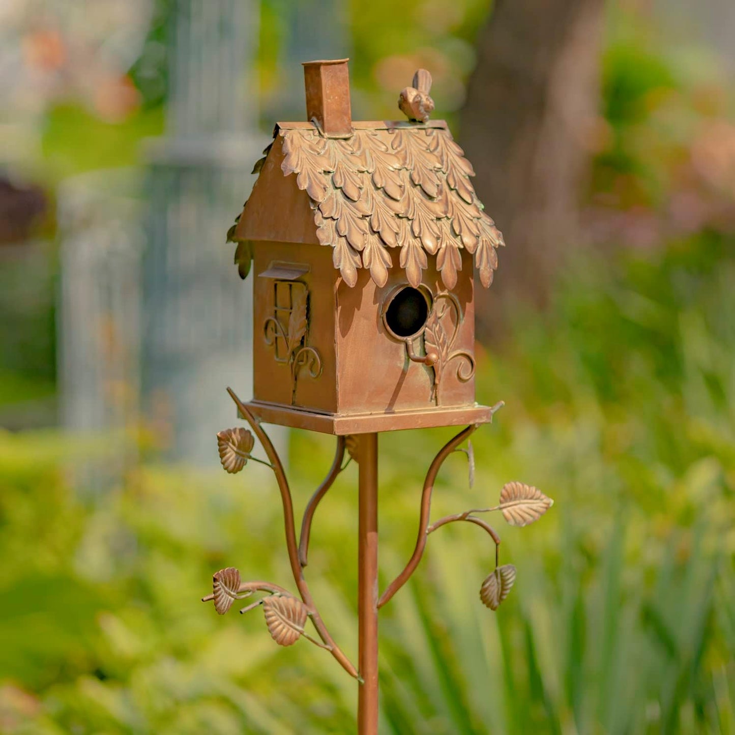 Copper Color Bird House Garden Stake with Ornate Style Roof (Cylinder House)