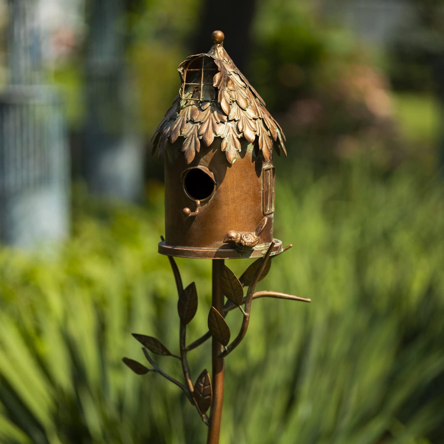 Copper Color Bird House Garden Stake with Ornate Style Roof (Cylinder House)