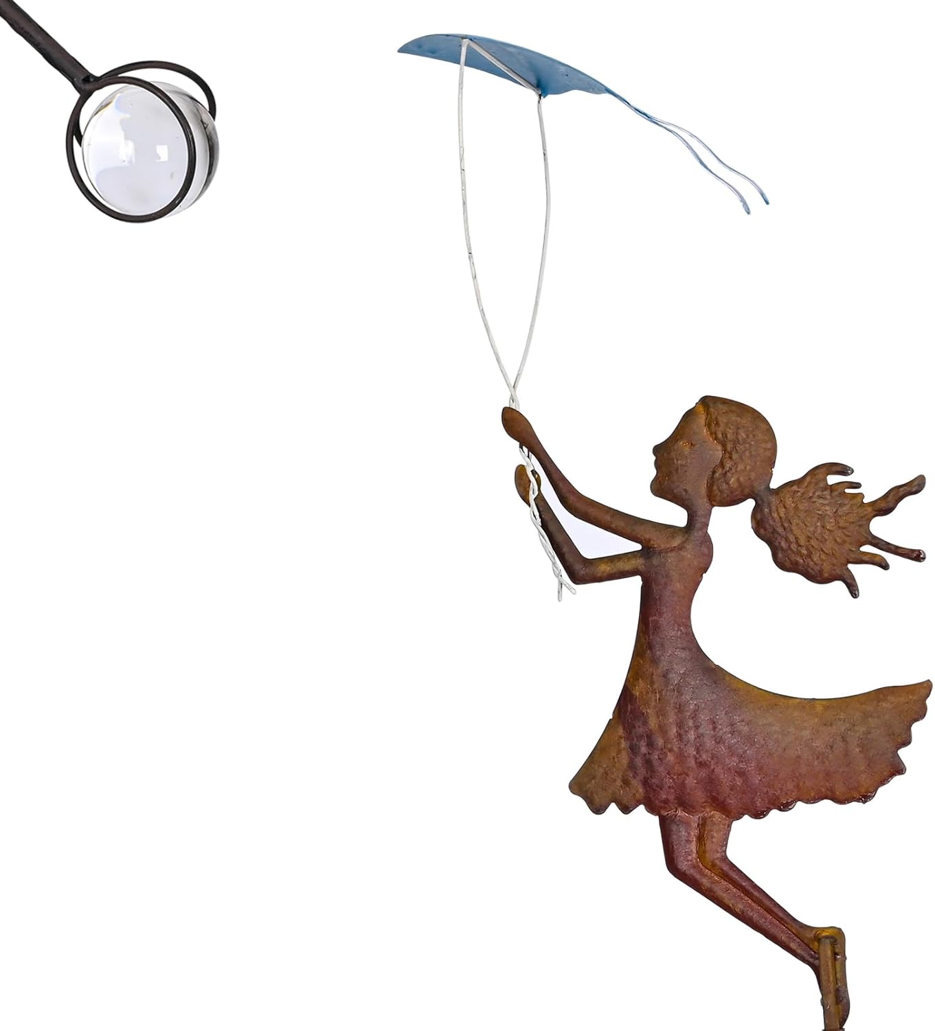 Metal Yard Balancer Garden Decorative Stakes 67", Rusty Treatment Iron Balancing Sculpture, Girl Flying Kite Balanced Stake, Present to Mother Sister Daughter as Park Lawn Patio Decor Art