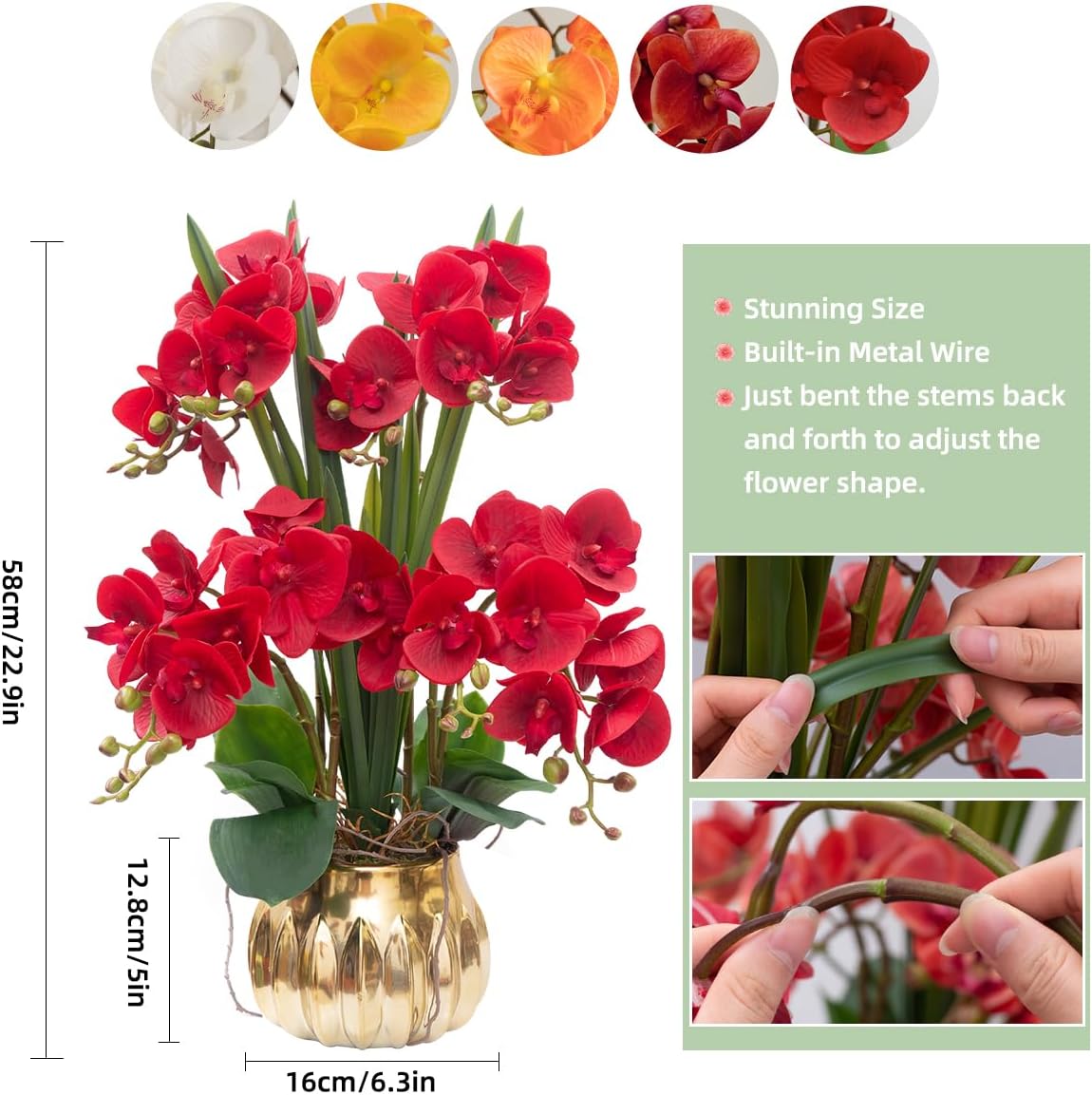 CXGS Artificial Orchid Flower Real Touch Faux Orchids in Ceramic Vase Large 22.9'' Fake Flowers Red Phalaenopsis Floral for Home Indoor Decor