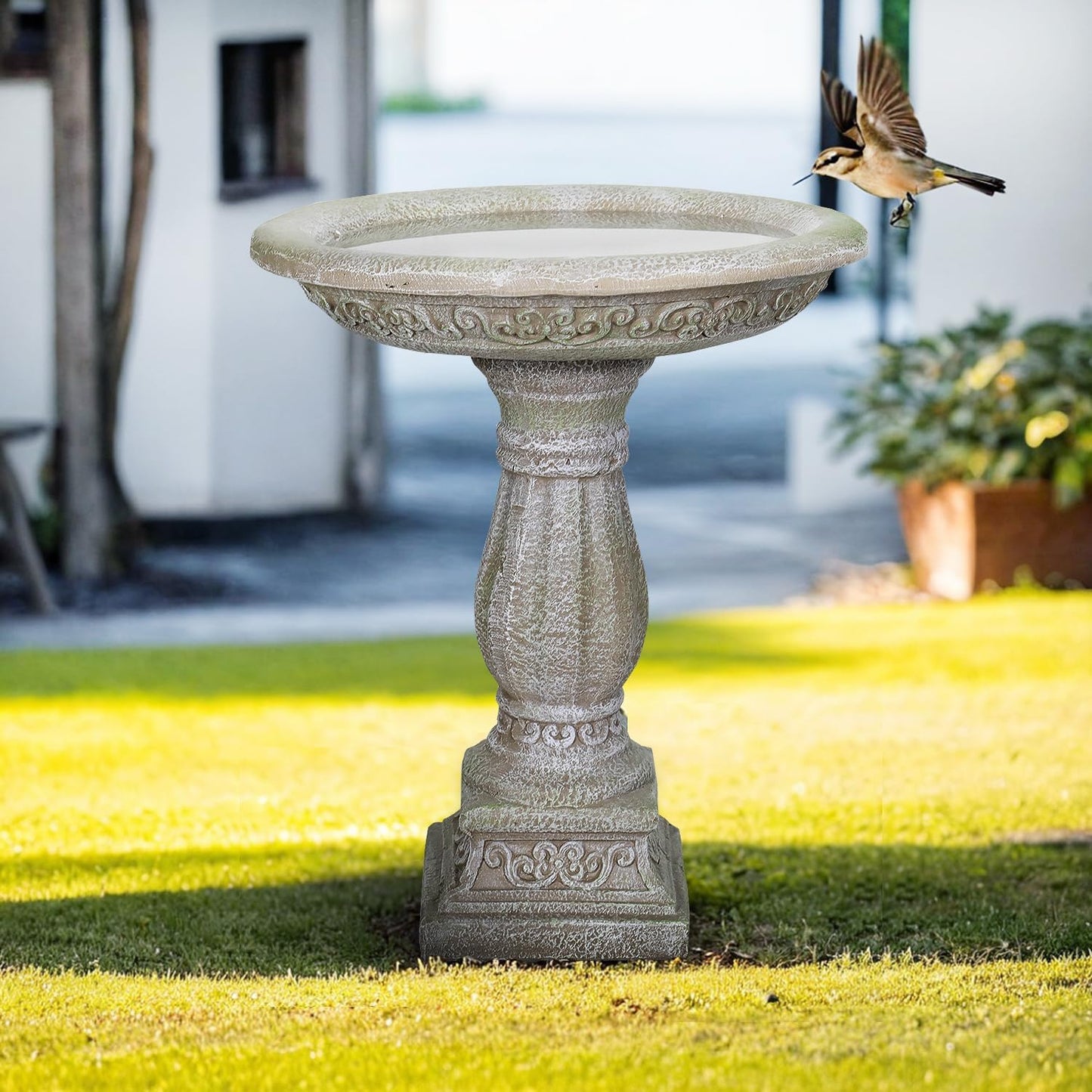 SunJet 25.5 Inch Heigh Wood-Look Concrete Bird Bath with Decorative Faux Bird – birdbath Rustic & Long-Lasting Design, Enhances Garden, Patio, Yard, Lawn Décor