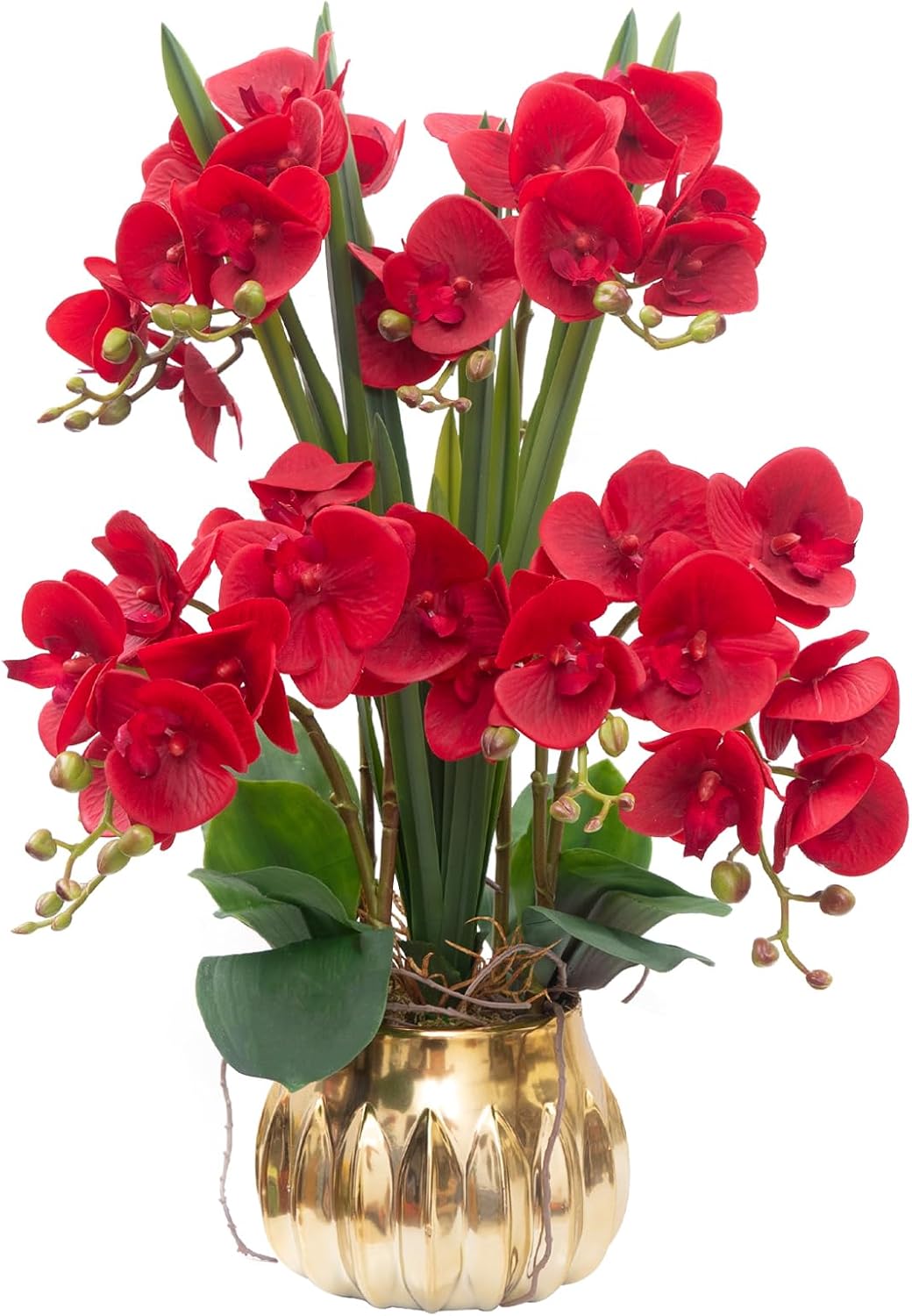 CXGS Artificial Orchid Flower Real Touch Faux Orchids in Ceramic Vase Large 22.9'' Fake Flowers Red Phalaenopsis Floral for Home Indoor Decor