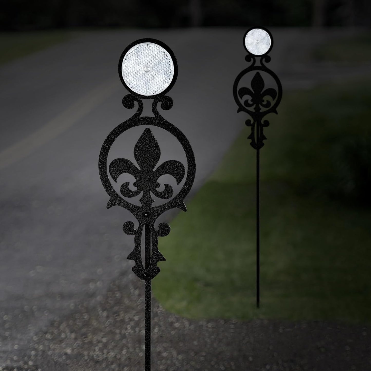 Touch of Class Pathways Reflective Driveway Marker Stake Set of Two for Outdoor Use | Fleur-de-Lis Emblem Design | Personalized Tall Reflector Set of 2 | Black Durable Finish