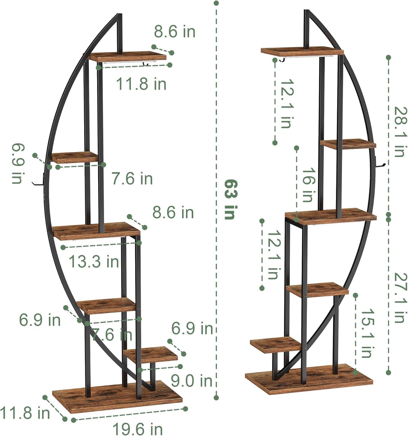 Plant Stand Indoor with Grow Lights, 6 Tiered Tall Plant Shelf, 63" Metal Plant Stand for Indoor Plants Multiple, Half-Moon Plant Rack Display Shelf, 2 Pcs Plant Holder for Living Room, Patio
