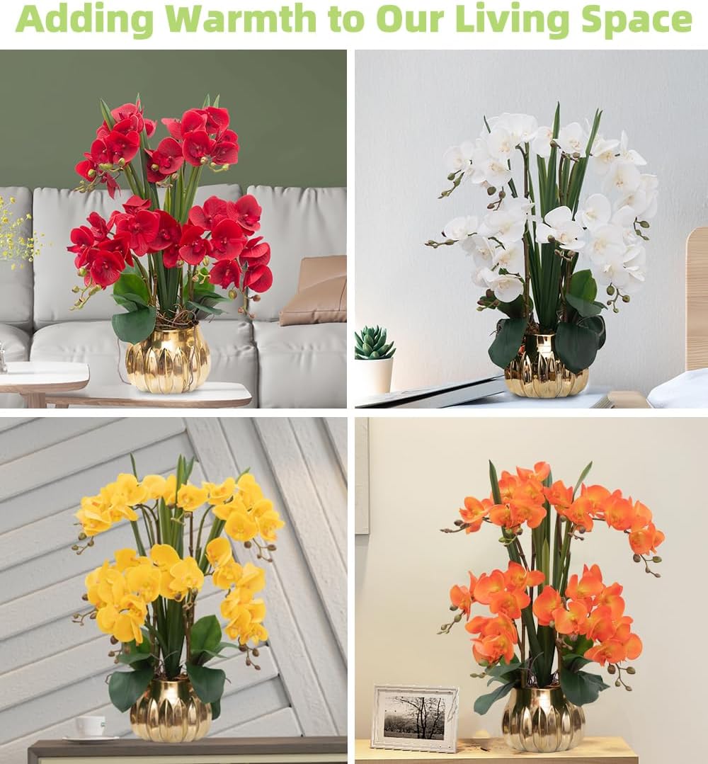 CXGS Artificial Orchid Flower Real Touch Faux Orchids in Ceramic Vase Large 22.9'' Fake Flowers Red Phalaenopsis Floral for Home Indoor Decor