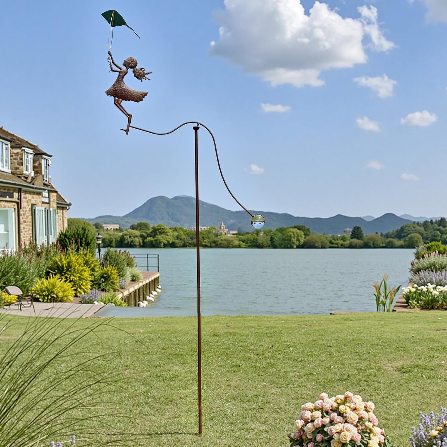Metal Yard Balancer Garden Decorative Stakes 67", Rusty Treatment Iron Balancing Sculpture, Girl Flying Kite Balanced Stake, Present to Mother Sister Daughter as Park Lawn Patio Decor Art