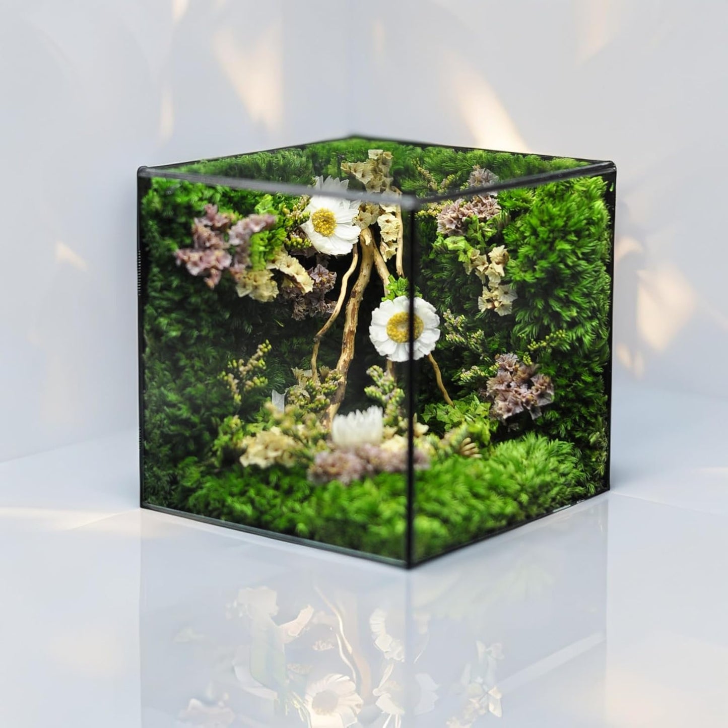MOPHONICHOME Floral Art Glass Cube – Preserved Moss & Flowers in Elegant Display – Handmade Botanical Gift for Birthdays, Weddings, Housewarming - No-Maintenance, Forever Flowers in Glass