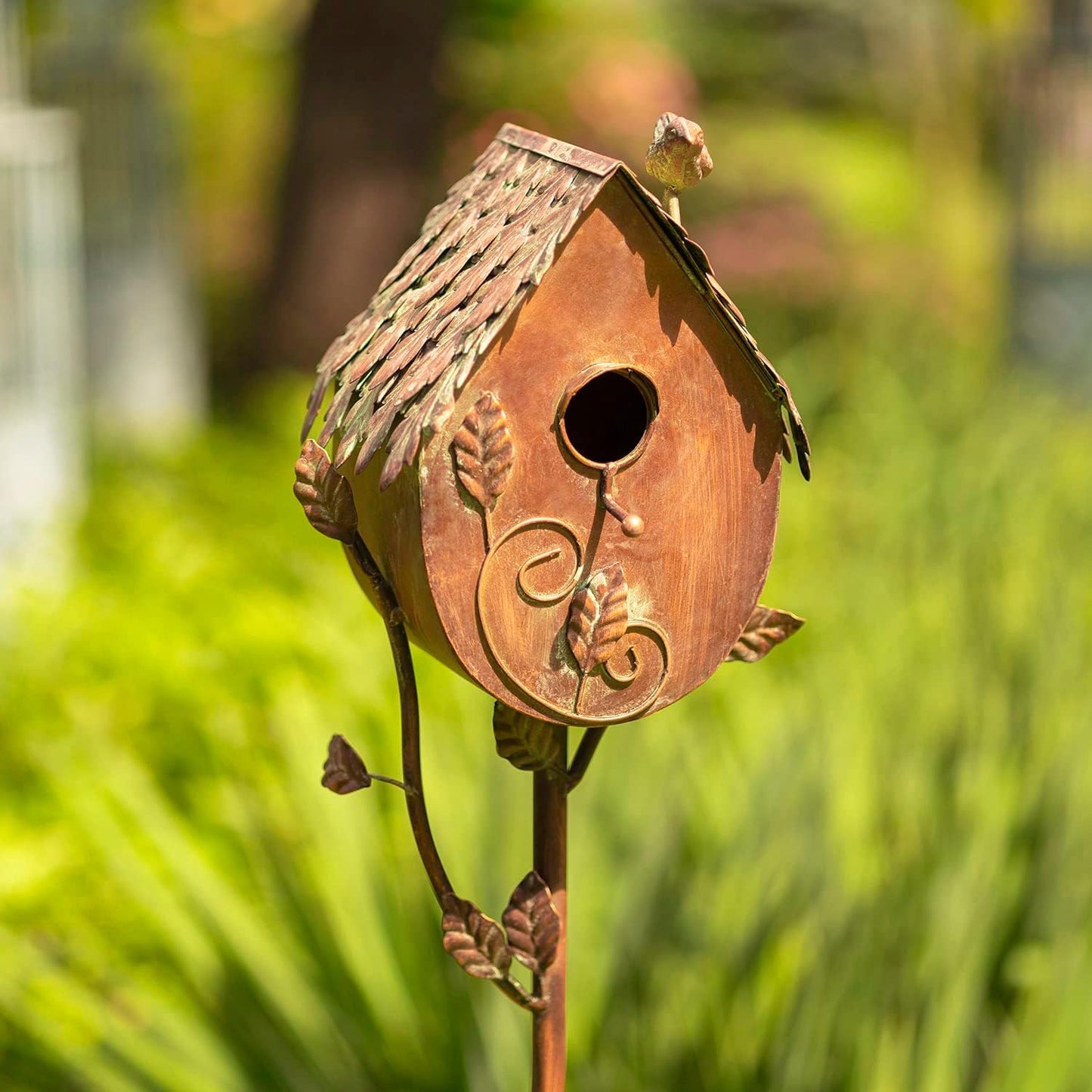 Copper Color Bird House Garden Stake with Ornate Style Roof (Cylinder House)