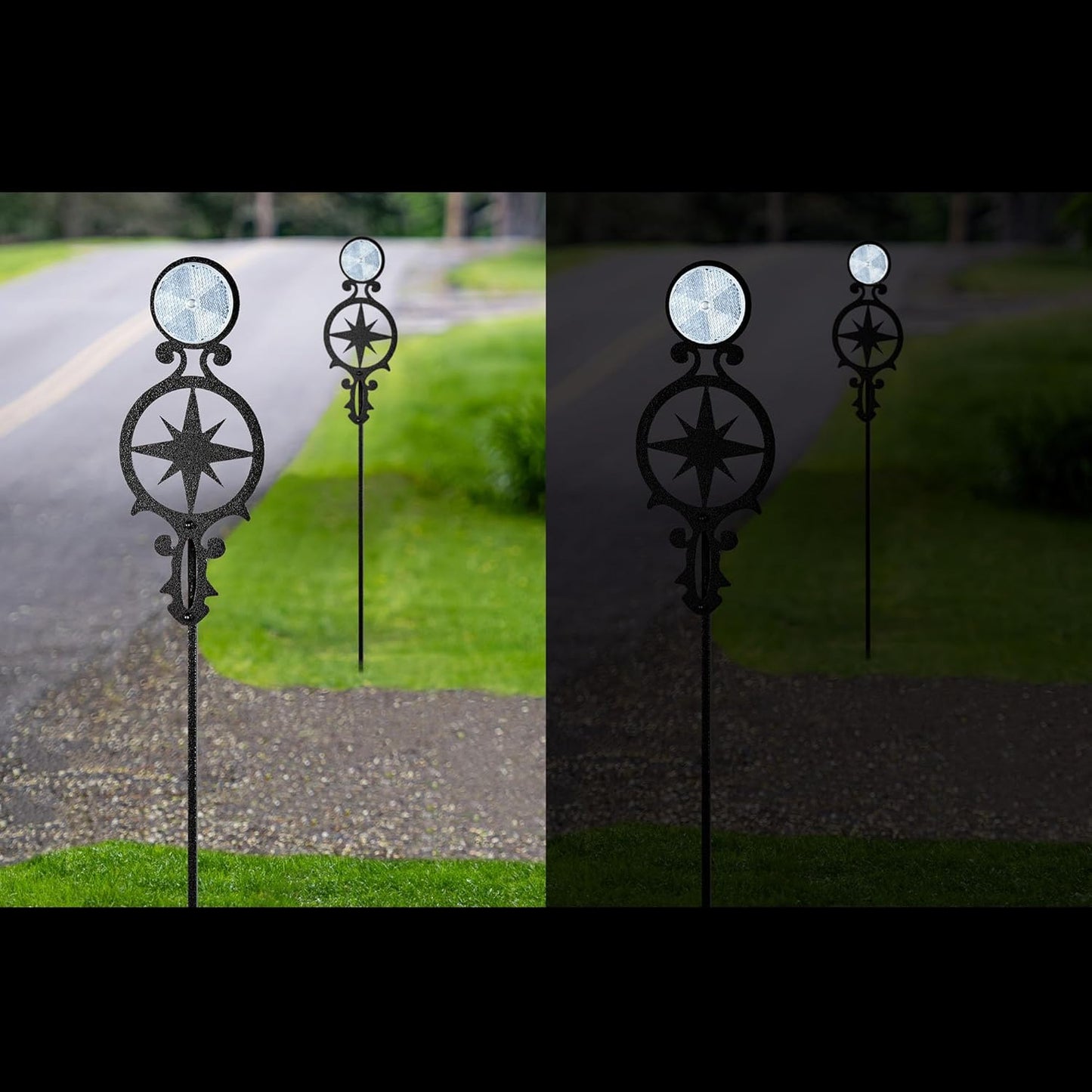 Touch of Class Pathways Reflective Driveway Marker Stake Set of Two for Outdoor Use | Compass Star Emblem Design | Personalized Tall Reflector Set of 2 | Black Durable Finish