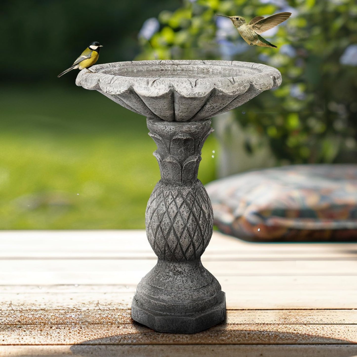 SunJet 25.5 Inch Heigh Wood-Look Concrete Bird Bath with Decorative Faux Bird – birdbath Rustic & Long-Lasting Design, Enhances Garden, Patio, Yard, Lawn Décor
