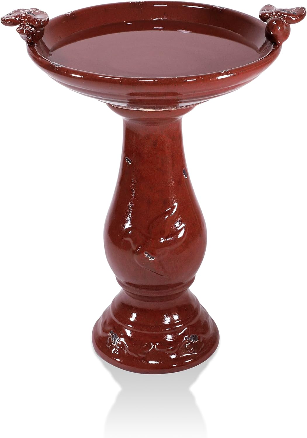 Alpine Corporation 25" Tall Outdoor Ceramic Antique Pedestal Birdbath with 2 Bird Figurines, Turquoise