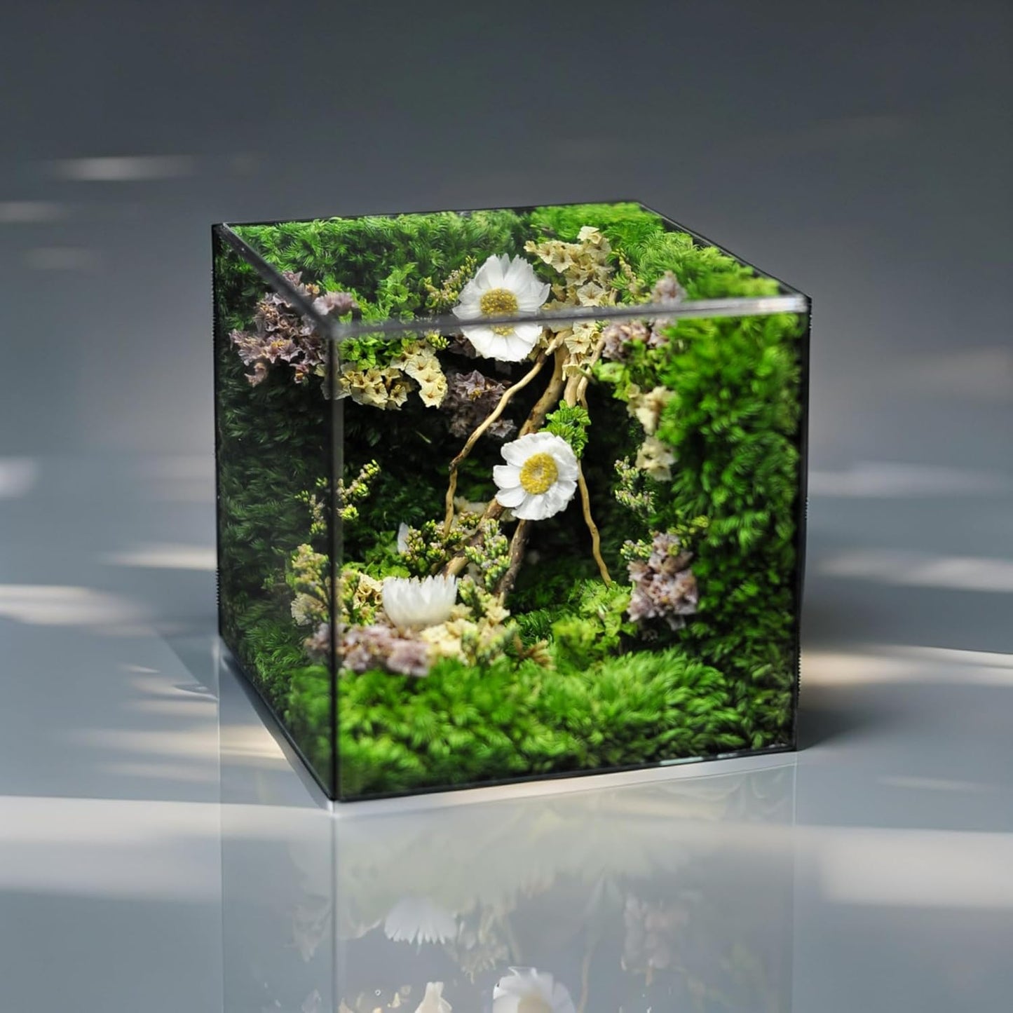 MOPHONICHOME Floral Art Glass Cube – Preserved Moss & Flowers in Elegant Display – Handmade Botanical Gift for Birthdays, Weddings, Housewarming - No-Maintenance, Forever Flowers in Glass