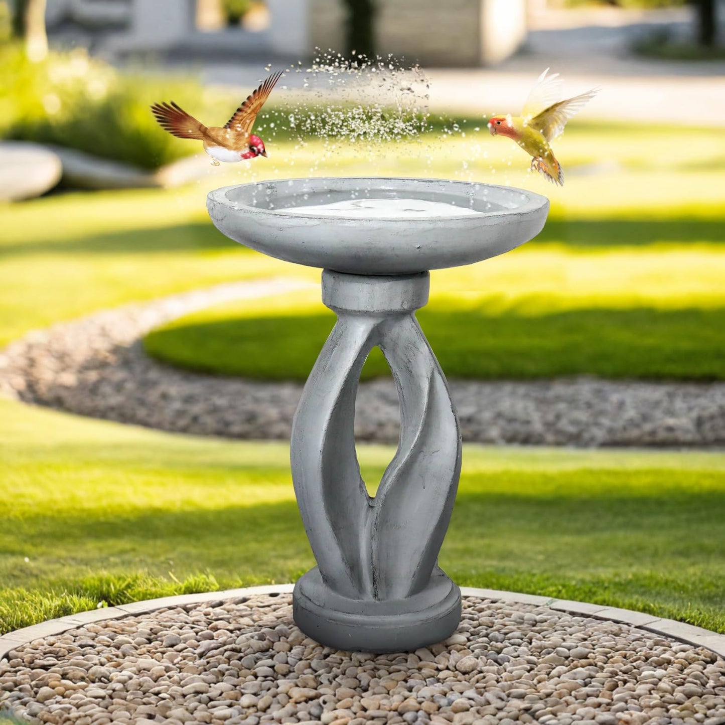 SunJet 25.5 Inch Heigh Wood-Look Concrete Bird Bath with Decorative Faux Bird – birdbath Rustic & Long-Lasting Design, Enhances Garden, Patio, Yard, Lawn Décor