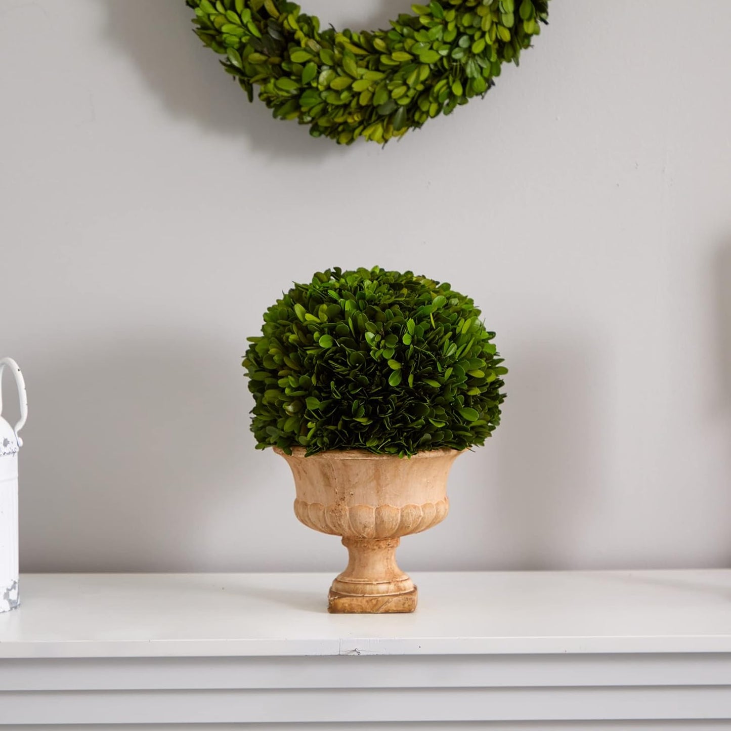 Nearly Natural 12in. Boxwood Topiary Ball Preserved Plant in Decorative Urn