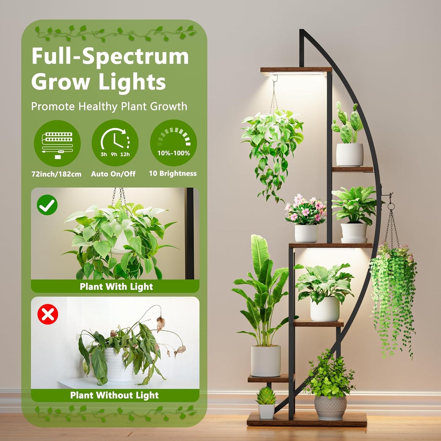 Plant Stand Indoor with Grow Lights, 6 Tiered Tall Plant Shelf, 63" Metal Plant Stand for Indoor Plants Multiple, Half-Moon Plant Rack Display Shelf, 2 Pcs Plant Holder for Living Room, Patio