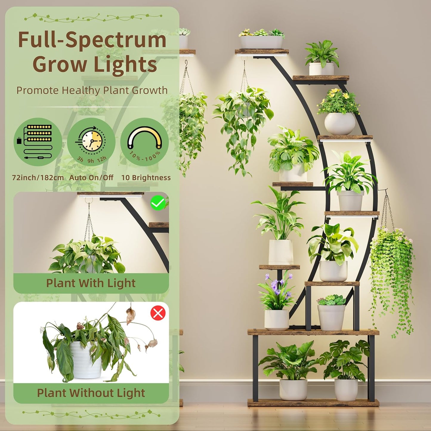 Plant Stand Indoor with Grow Lights, 9 Tiered Metal Plant Shelf, 64" Tall Plant Stand for Indoor Plants Multiple, Large Plant Rack Display Shelf, Curved Plant Holder for Living Room, Patio