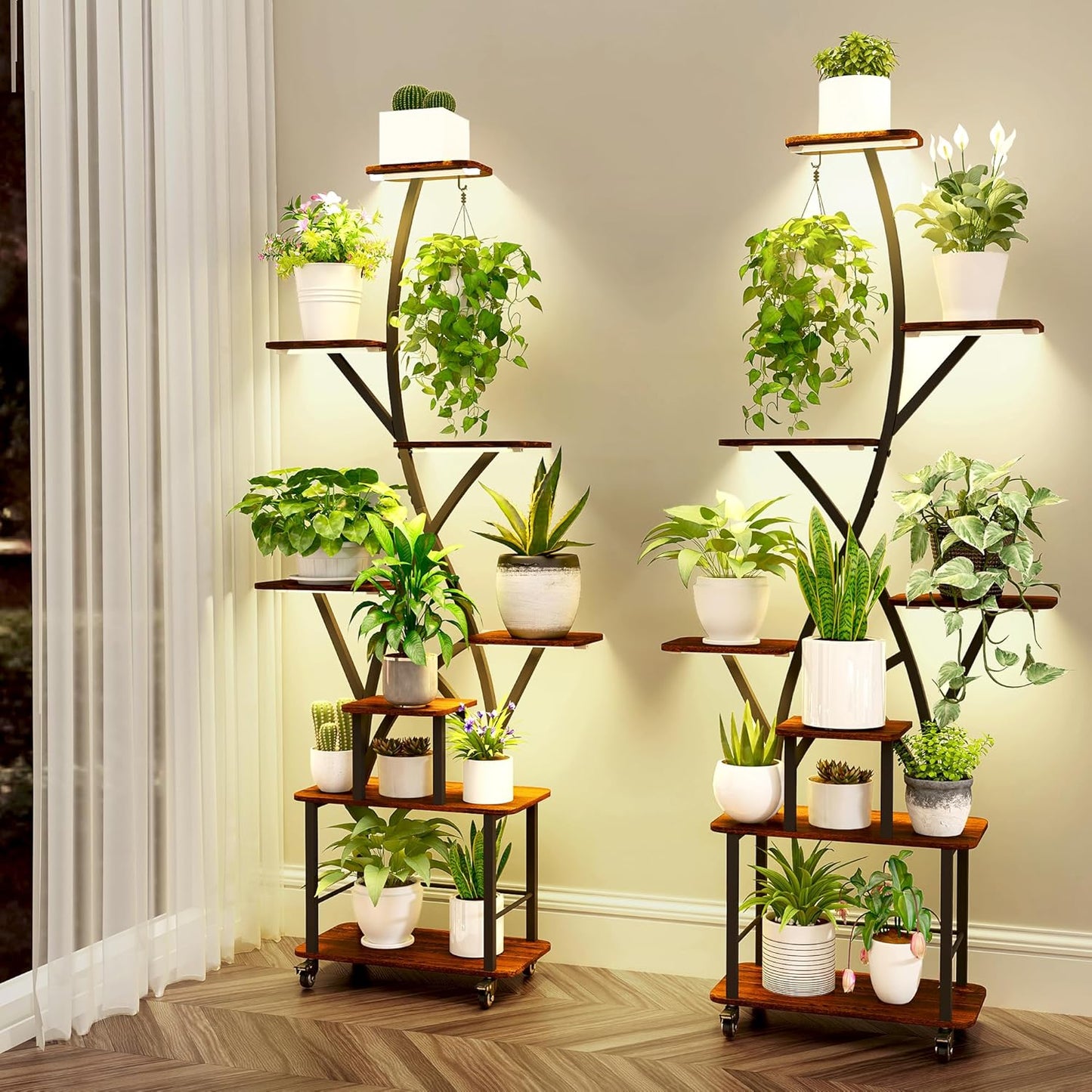 Plant Stand Indoor with Grow Lights 64" Tall Plant Shelf with Wheel Lighted Corner Plant Stands for Indoor Growing Multiple Metal 8 Tiered Large Flower Holder Plant Rack for Home Patio Balcony