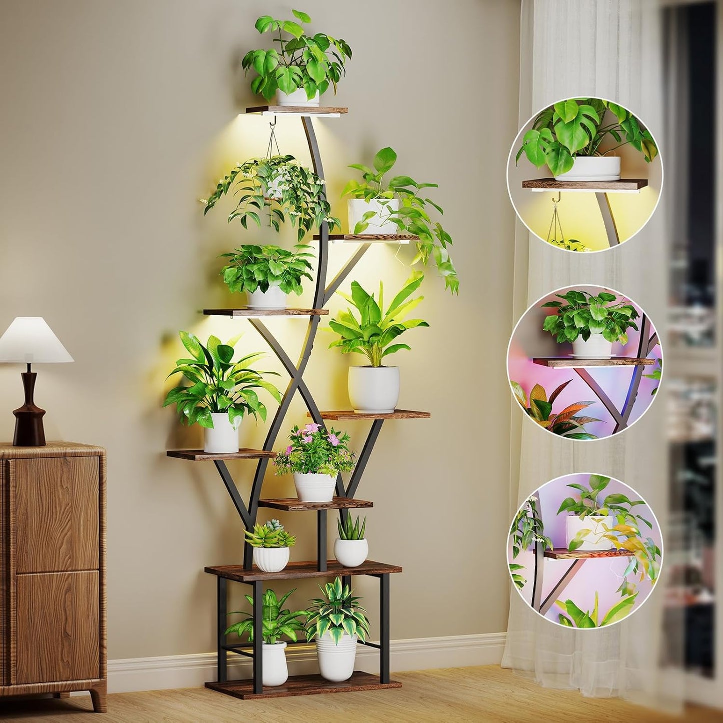 Plant Stand Indoor with Grow Lights 64" Tall Plant Shelf with Wheel Lighted Corner Plant Stands for Indoor Growing Multiple Metal 8 Tiered Large Flower Holder Plant Rack for Home Patio Balcony