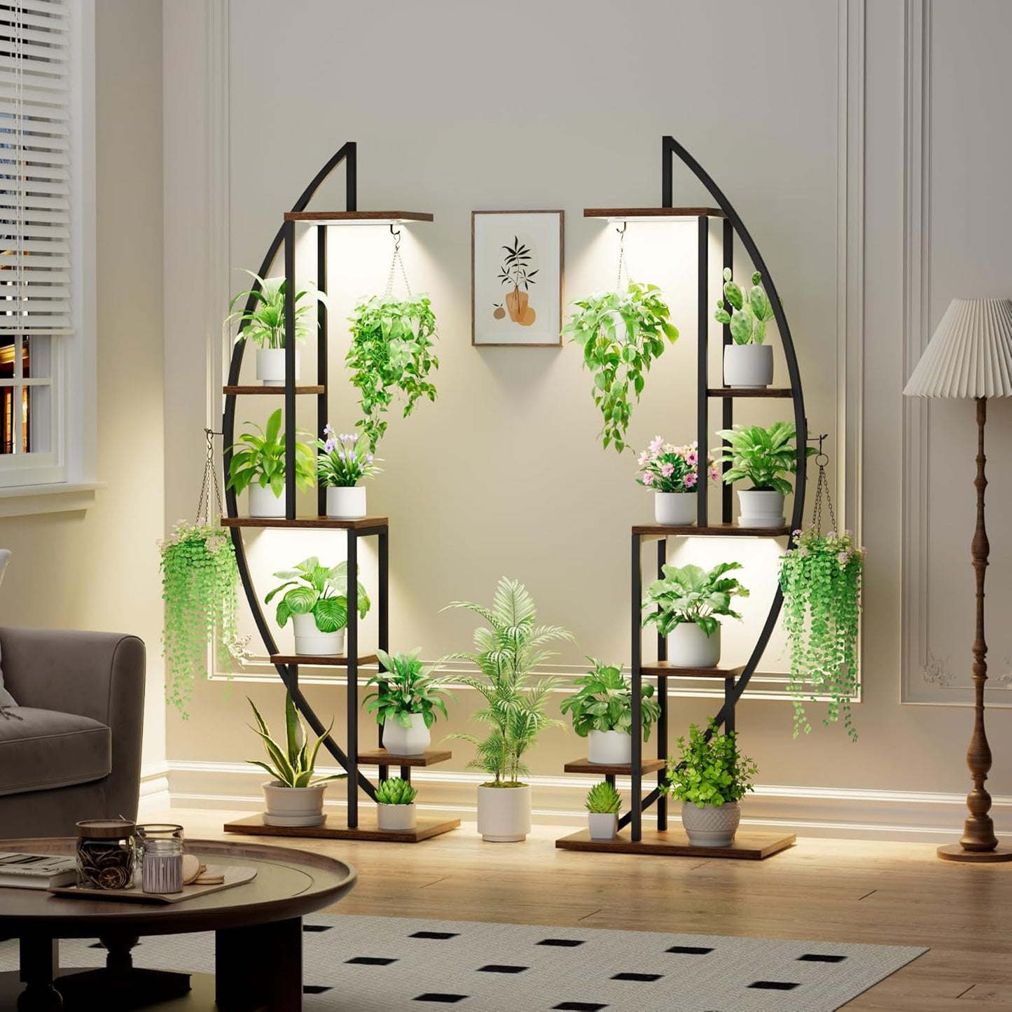 Plant Stand Indoor with Grow Lights, 6 Tiered Tall Plant Shelf, 63" Metal Plant Stand for Indoor Plants Multiple, Half-Moon Plant Rack Display Shelf, 2 Pcs Plant Holder for Living Room, Patio