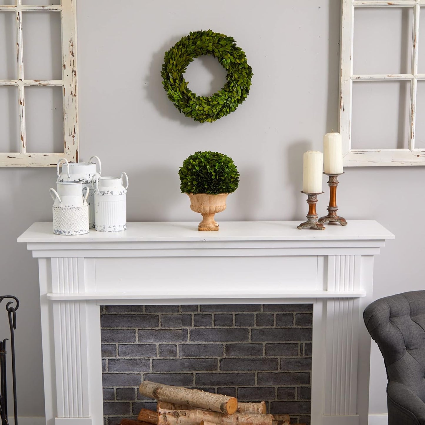 Nearly Natural 12in. Boxwood Topiary Ball Preserved Plant in Decorative Urn