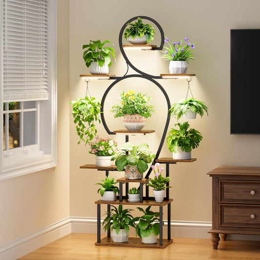POZILAN Plant Stand Indoor with Grow Light - 9 Tiered 63" Tall Indoor Plant Shelf for Multiple Plants, Large Plant Shelf with Grow Light, Lighted Plant Stand for Indoor Plants