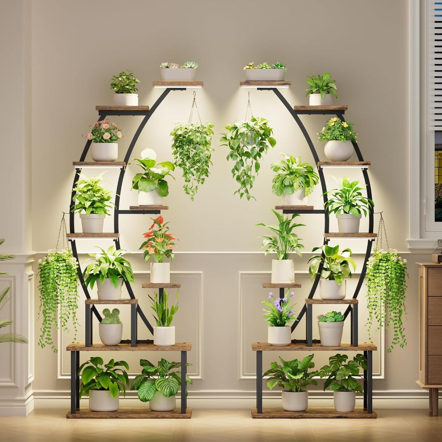 Plant Stand Indoor with Grow Lights, 9 Tiered Metal Plant Shelf, 64" Tall Plant Stand for Indoor Plants Multiple, Large Plant Rack Display Shelf, Curved Plant Holder for Living Room, Patio