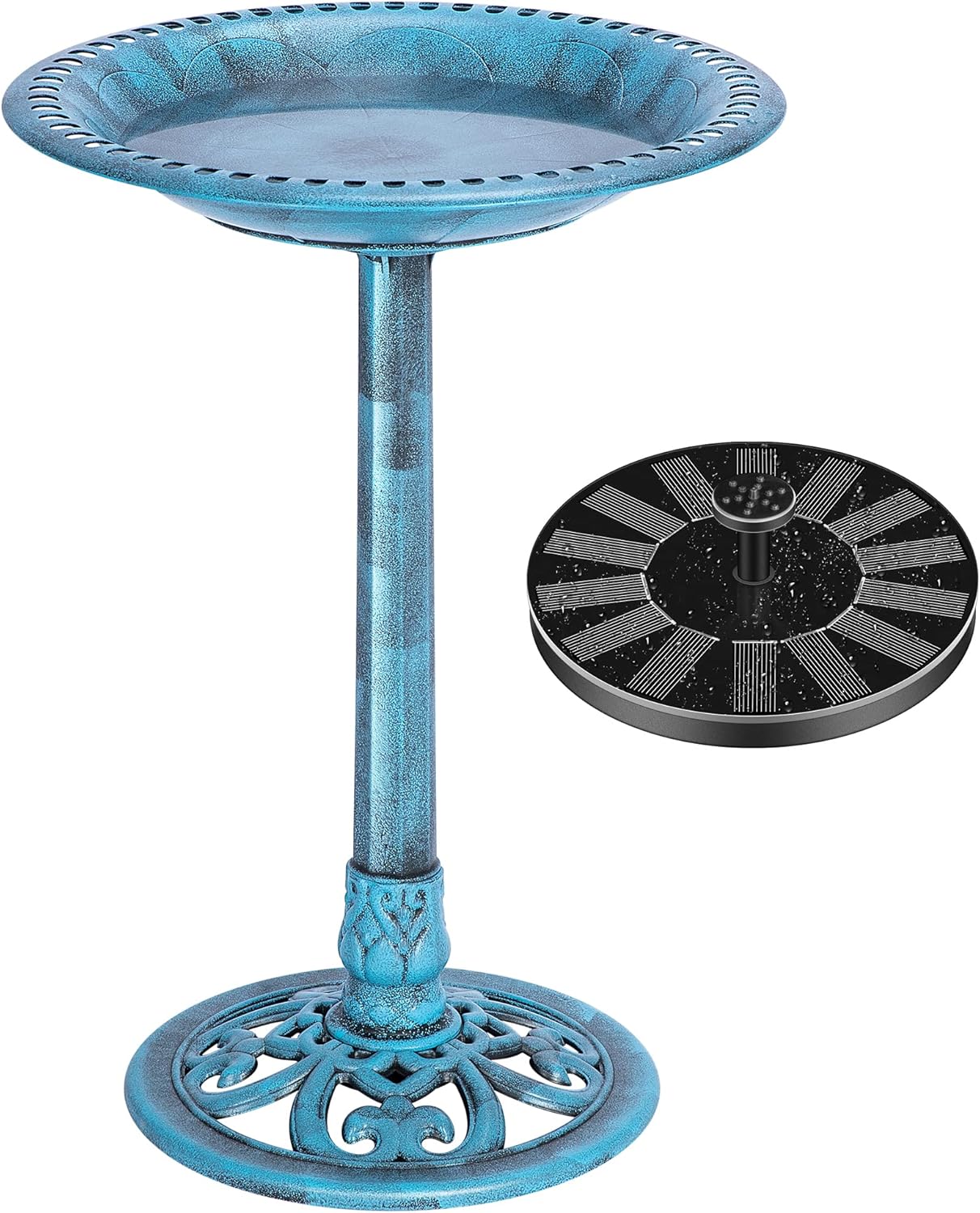 VIVOHOME Polyresin Antique Outdoor Green Garden Bird Bath and Solar Powered Round Pond Fountain Combo Set