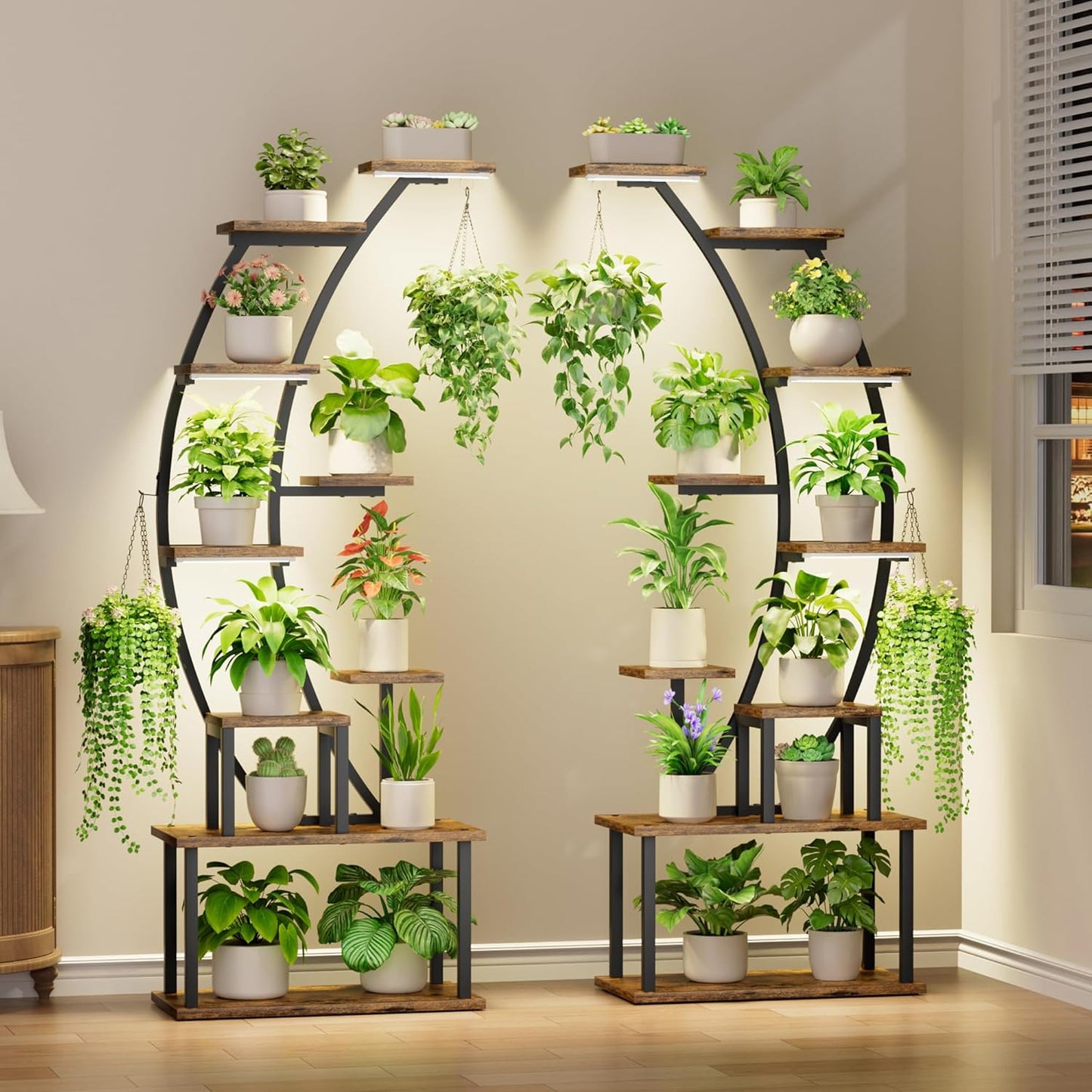 Plant Stand Indoor with Grow Lights, 9 Tiered Metal Plant Shelf, 64" Tall Plant Stand for Indoor Plants Multiple, Large Plant Rack Display Shelf, Curved Plant Holder for Living Room, Patio