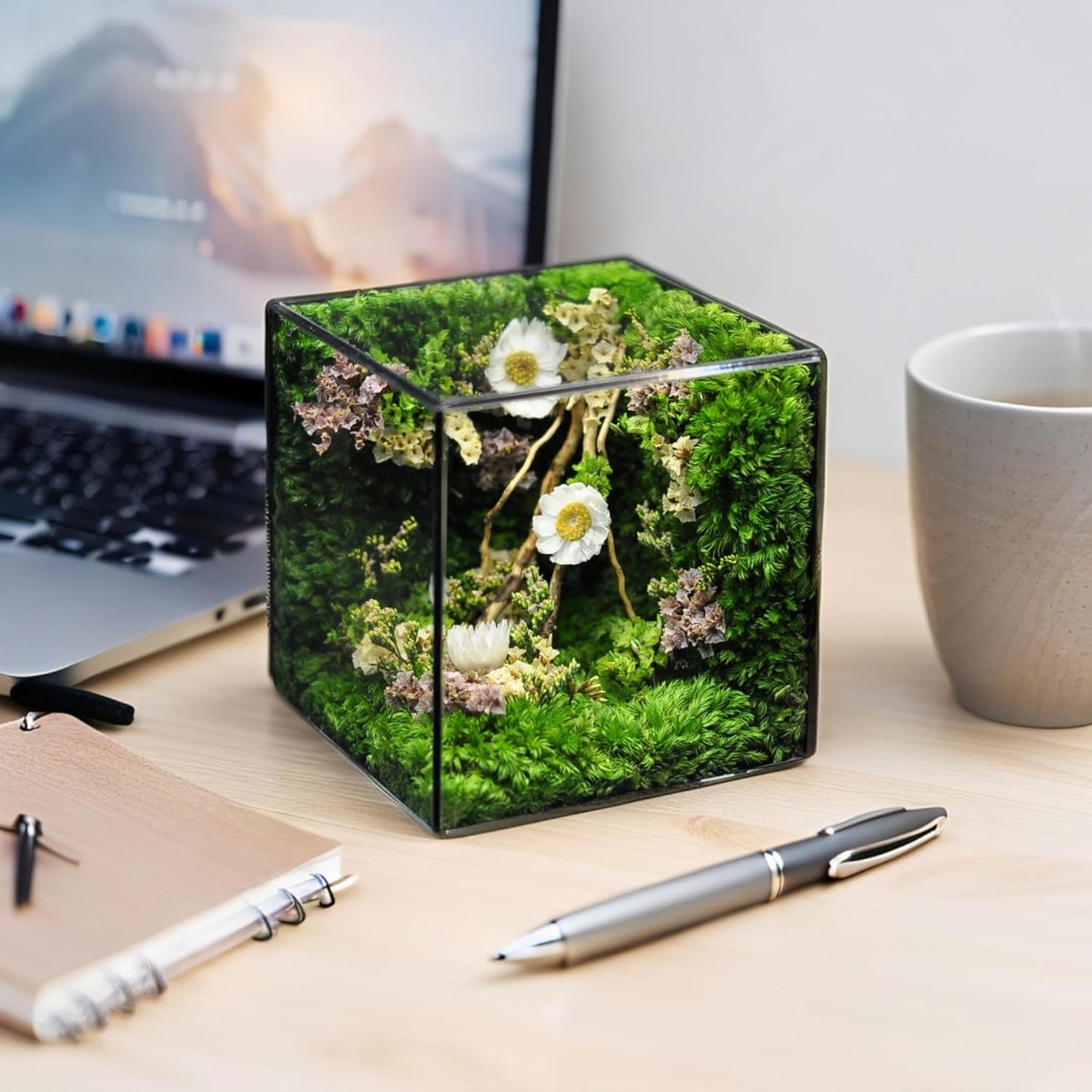 MOPHONICHOME Floral Art Glass Cube – Preserved Moss & Flowers in Elegant Display – Handmade Botanical Gift for Birthdays, Weddings, Housewarming - No-Maintenance, Forever Flowers in Glass