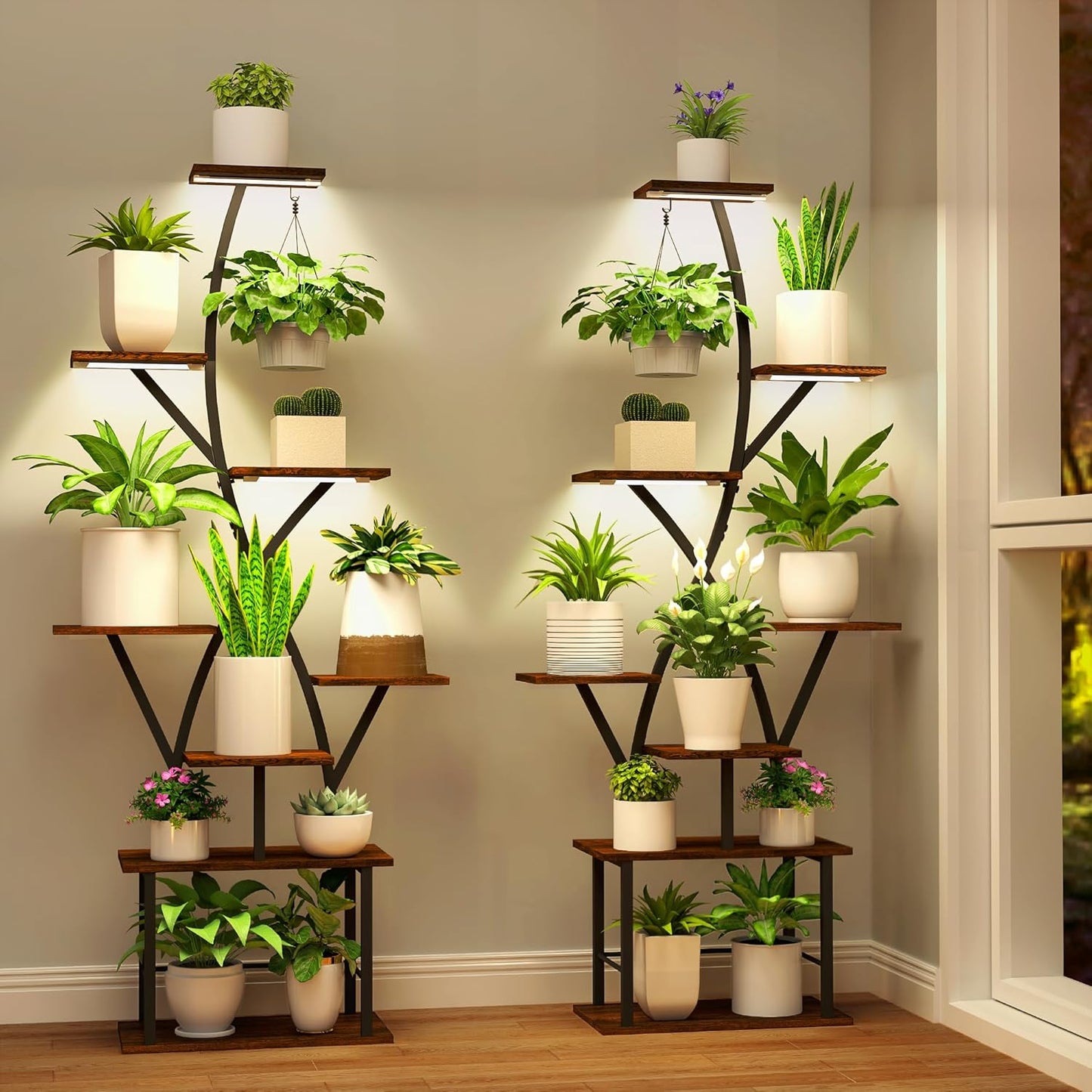 Plant Stand Indoor with Grow Lights 64" Tall Plant Shelf with Wheel Lighted Corner Plant Stands for Indoor Growing Multiple Metal 8 Tiered Large Flower Holder Plant Rack for Home Patio Balcony