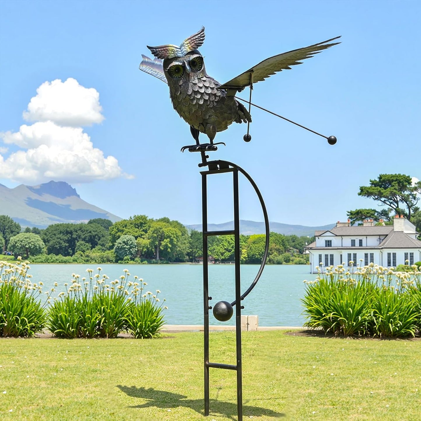 Huge Flying Metal Owl Garden Decorative Stakes 81" High, Iron Yard Animal Balancer Swing in Heavy Winds, Kinetic Balancing Art for Outdoor Lawn Courtyard Grassland Patio Farm Decor, Scaring Birds Away