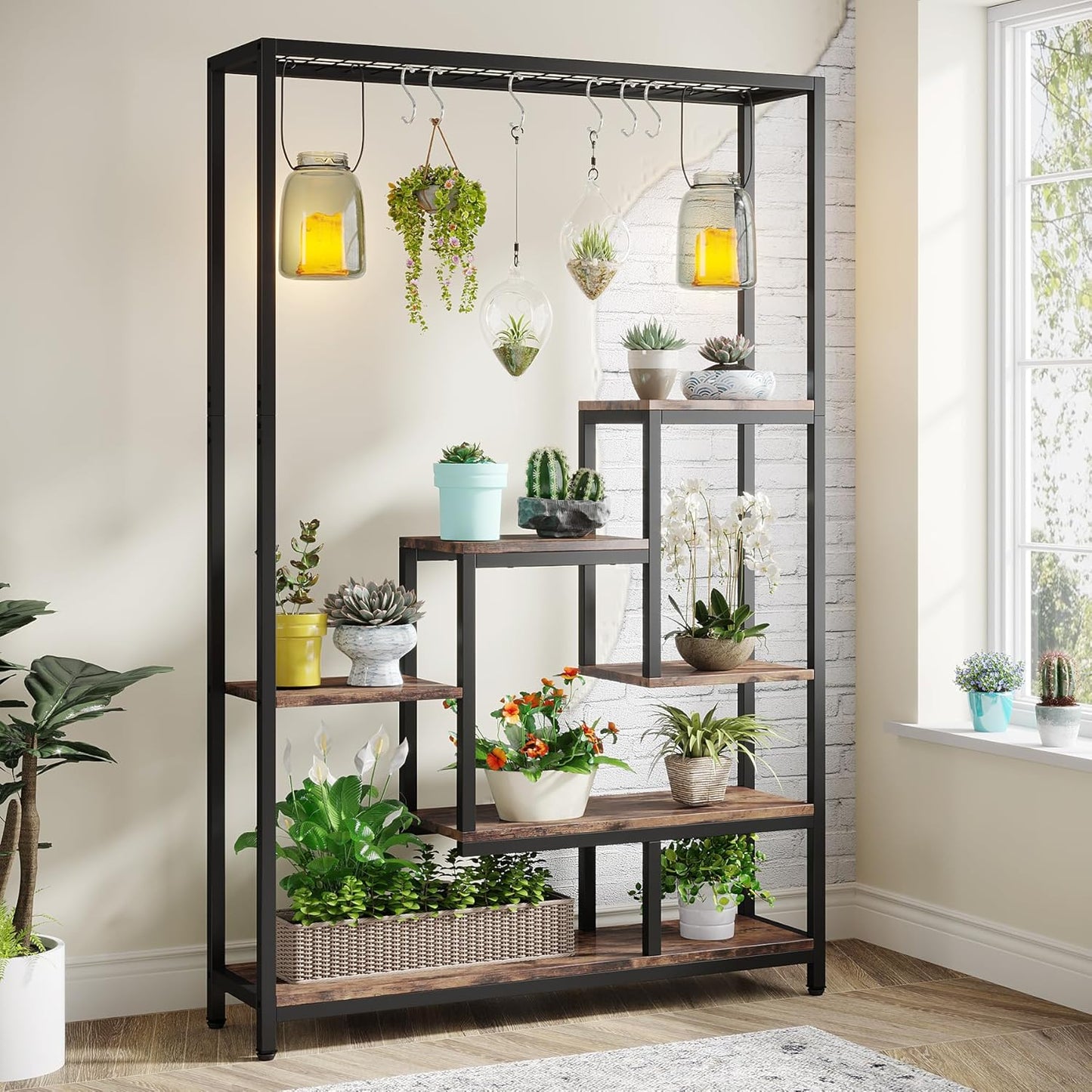 Tribesigns 5-Tier Tall Indoor Plant Stand, 70.9 inches Large Metal Plant Shelf with 6PC S Hanging Hooks, Multi-Purpose Flower Bonsai Pots Display Rack for Indoor, Garden, Balcony, Living Room