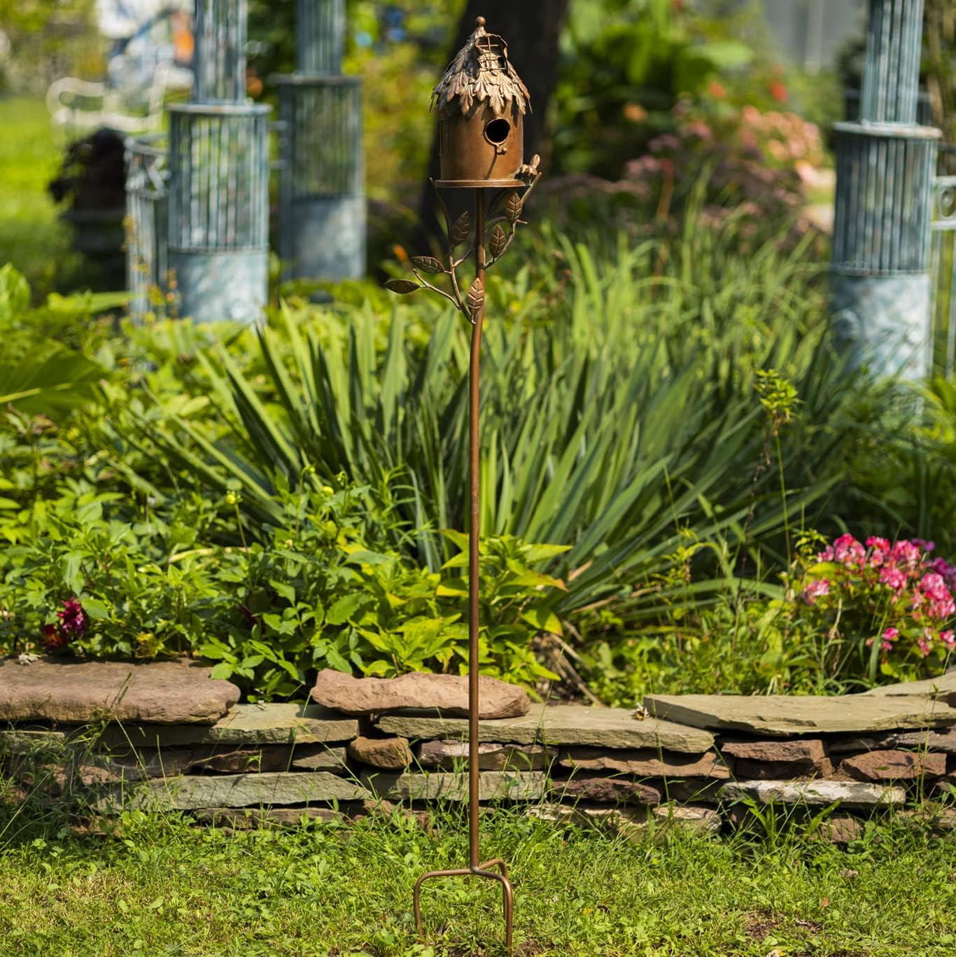 Copper Color Bird House Garden Stake with Ornate Style Roof (Cylinder House)