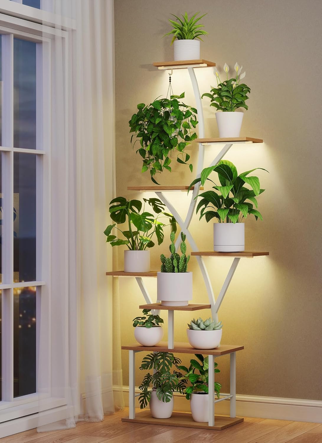 Plant Stand Indoor with Grow Lights 64" Tall Plant Shelf with Wheel Lighted Corner Plant Stands for Indoor Growing Multiple Metal 8 Tiered Large Flower Holder Plant Rack for Home Patio Balcony