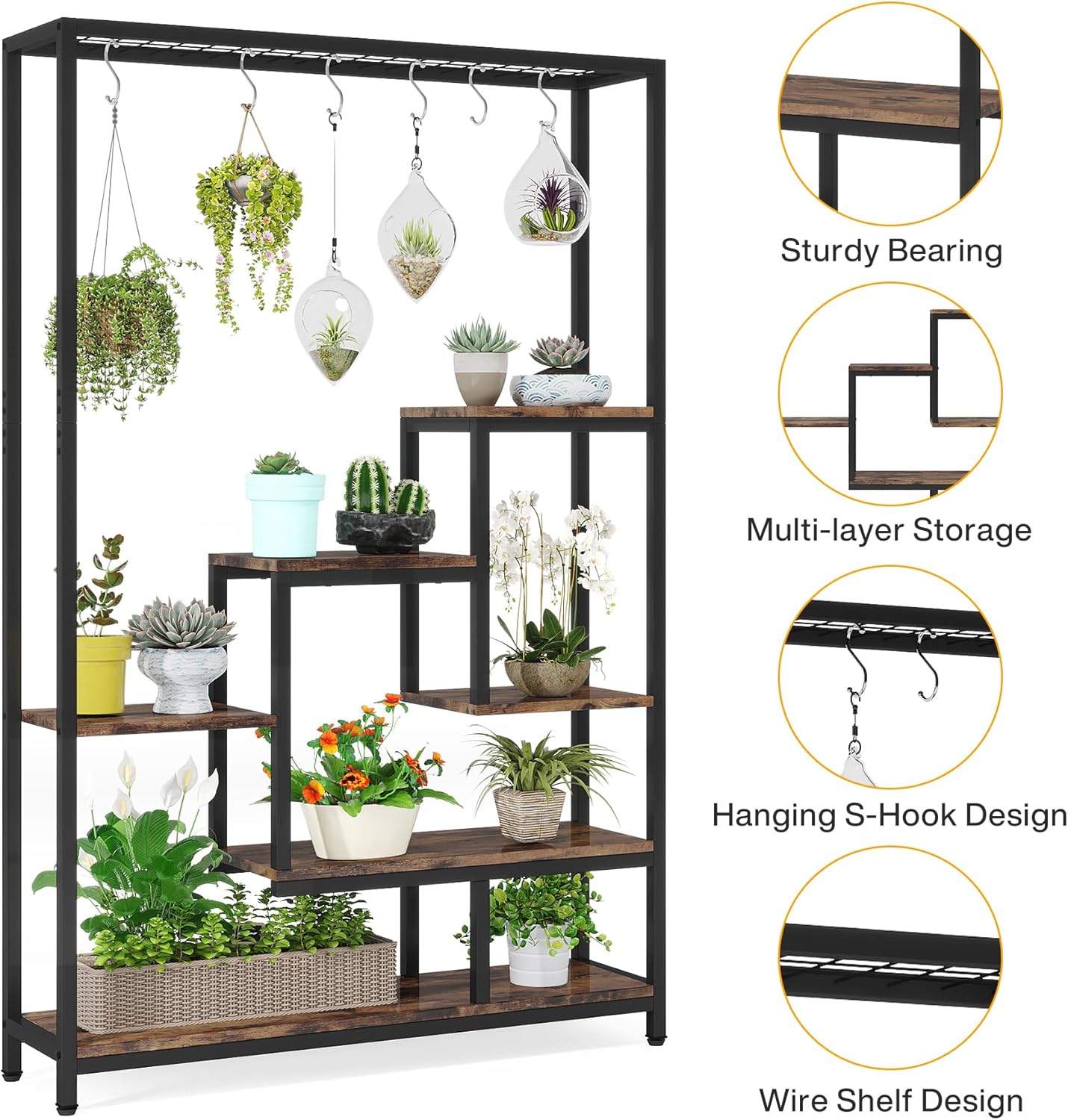 Tribesigns 5-Tier Tall Indoor Plant Stand, 70.9 inches Large Metal Plant Shelf with 6PC S Hanging Hooks, Multi-Purpose Flower Bonsai Pots Display Rack for Indoor, Garden, Balcony, Living Room