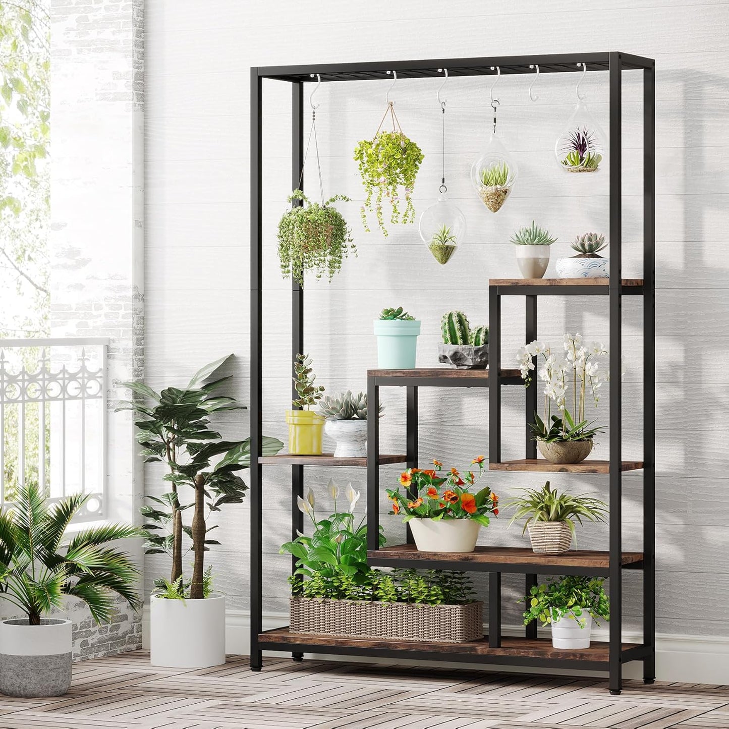 Tribesigns 5-Tier Tall Indoor Plant Stand, 70.9 inches Large Metal Plant Shelf with 6PC S Hanging Hooks, Multi-Purpose Flower Bonsai Pots Display Rack for Indoor, Garden, Balcony, Living Room