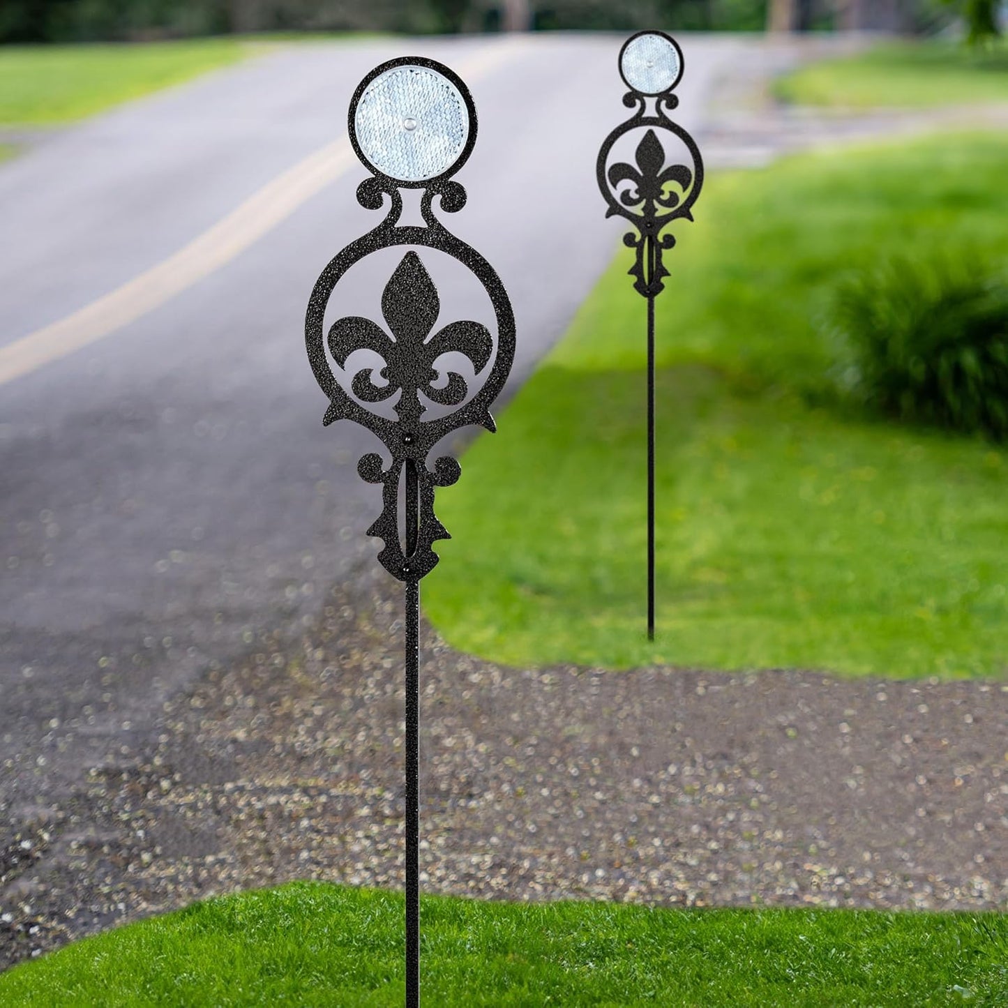 Touch of Class Pathways Reflective Driveway Marker Stake Set of Two for Outdoor Use | Fleur-de-Lis Emblem Design | Personalized Tall Reflector Set of 2 | Black Durable Finish