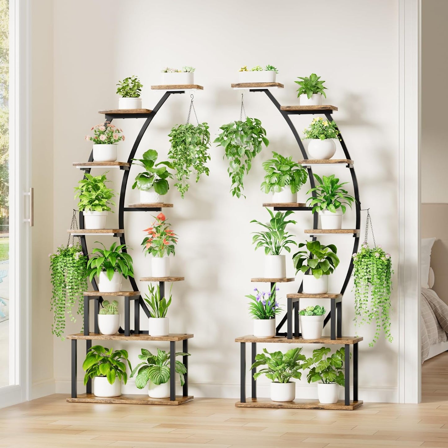 Plant Stand Indoor with Grow Lights, 9 Tiered Metal Plant Shelf, 64" Tall Plant Stand for Indoor Plants Multiple, Large Plant Rack Display Shelf, Curved Plant Holder for Living Room, Patio