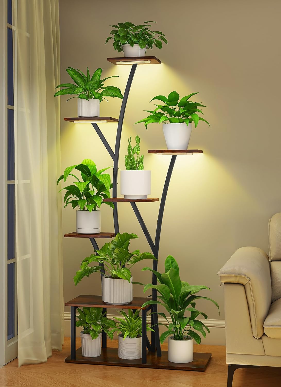 Plant Stand Indoor with Grow Lights 64" Tall Plant Shelf with Wheel Lighted Corner Plant Stands for Indoor Growing Multiple Metal 8 Tiered Large Flower Holder Plant Rack for Home Patio Balcony