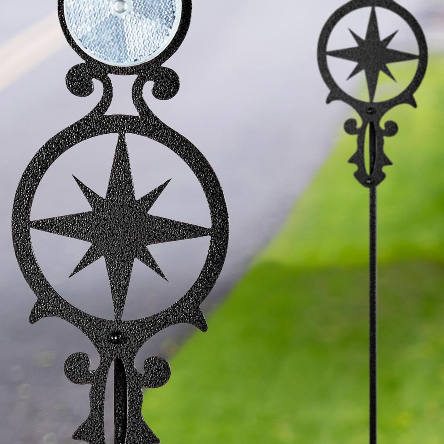 Touch of Class Pathways Reflective Driveway Marker Stake Set of Two for Outdoor Use | Compass Star Emblem Design | Personalized Tall Reflector Set of 2 | Black Durable Finish