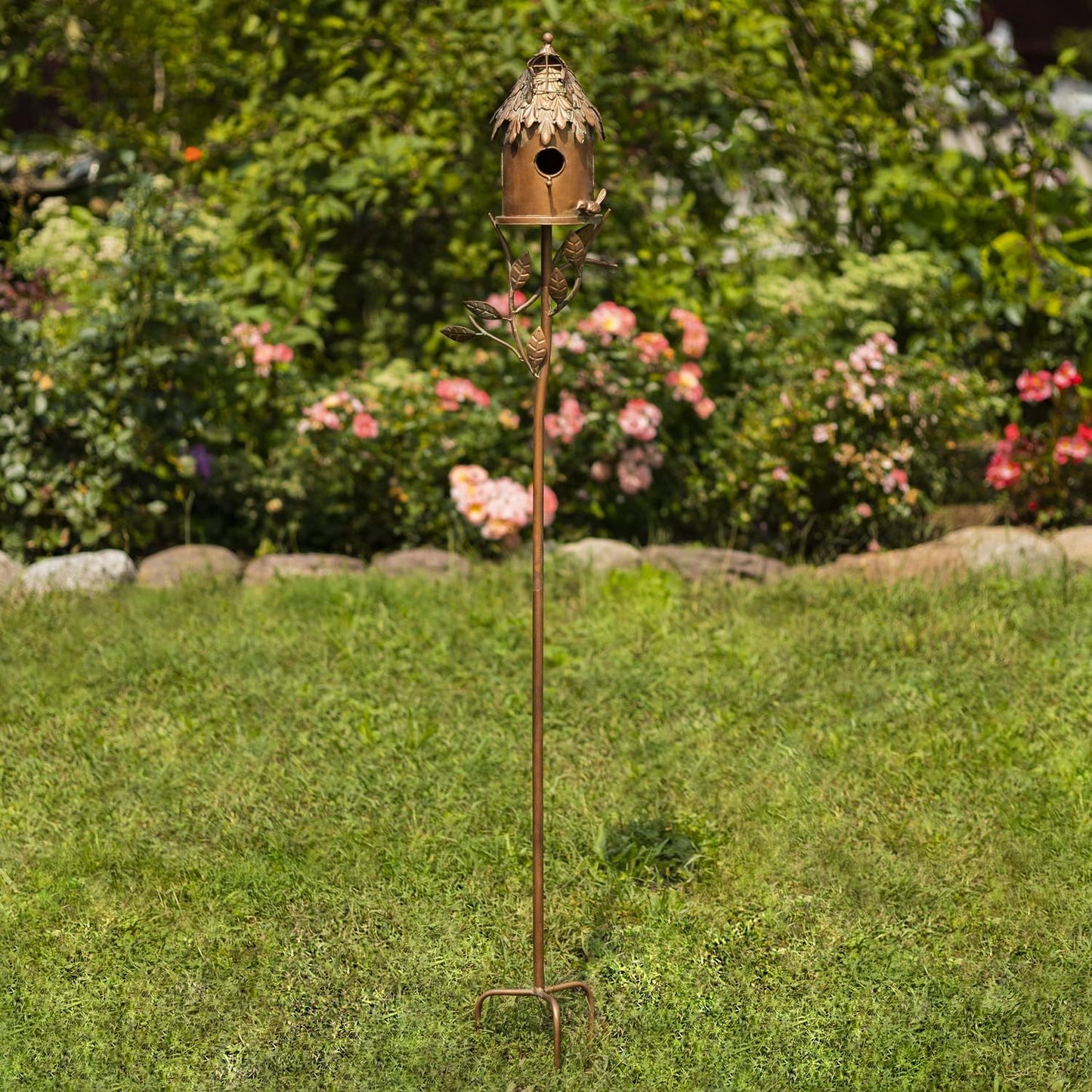 Copper Color Bird House Garden Stake with Ornate Style Roof (Cylinder House)