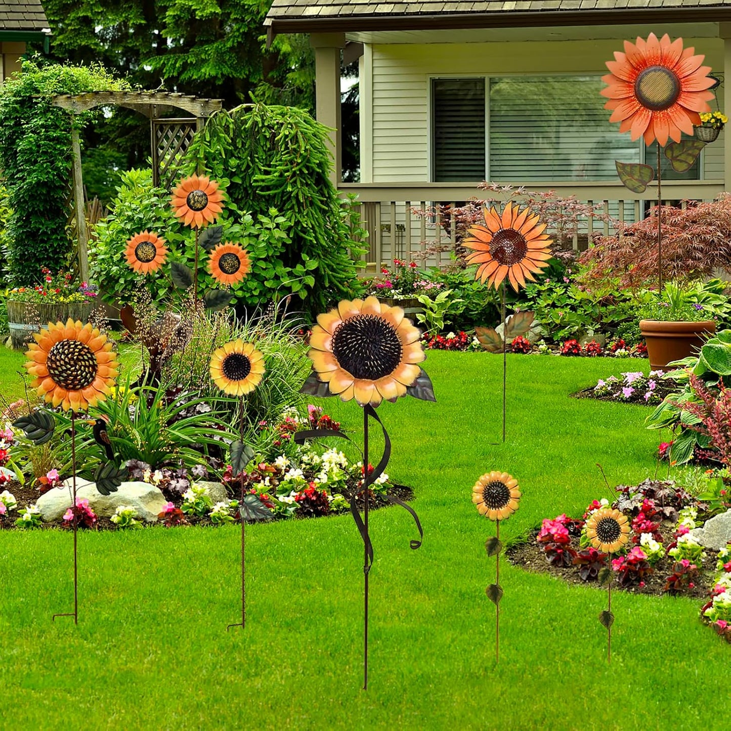 Flower Garden Stakes Metal Spring Yard Sign Decorative Sunflower Plant Stake Lawn Art Patio Decor Pathway Ornaments Indoor Outdoor Decoration (84.5" H)