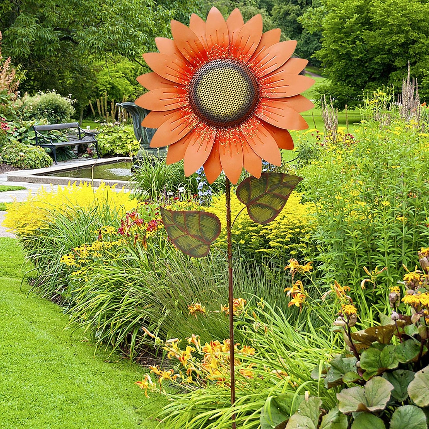 Flower Garden Stakes Metal Spring Yard Sign Decorative Sunflower Plant Stake Lawn Art Patio Decor Pathway Ornaments Indoor Outdoor Decoration (84.5" H)