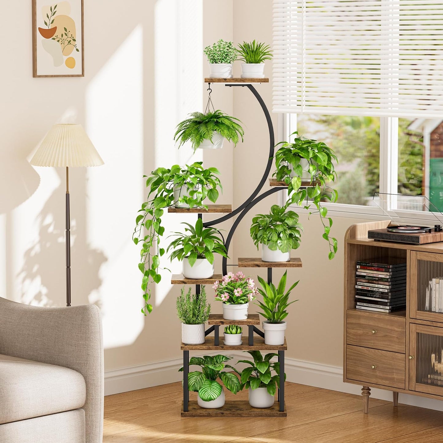 Plant Stand Indoor with Grow Lights - 62" Tall Plant Shelf, Lighted Corner Plant Stands for Indoor Growing, 8 Tiered Large Flower Holder, S-Shaped Decorative Rack for Living Room, Black, Patent Design