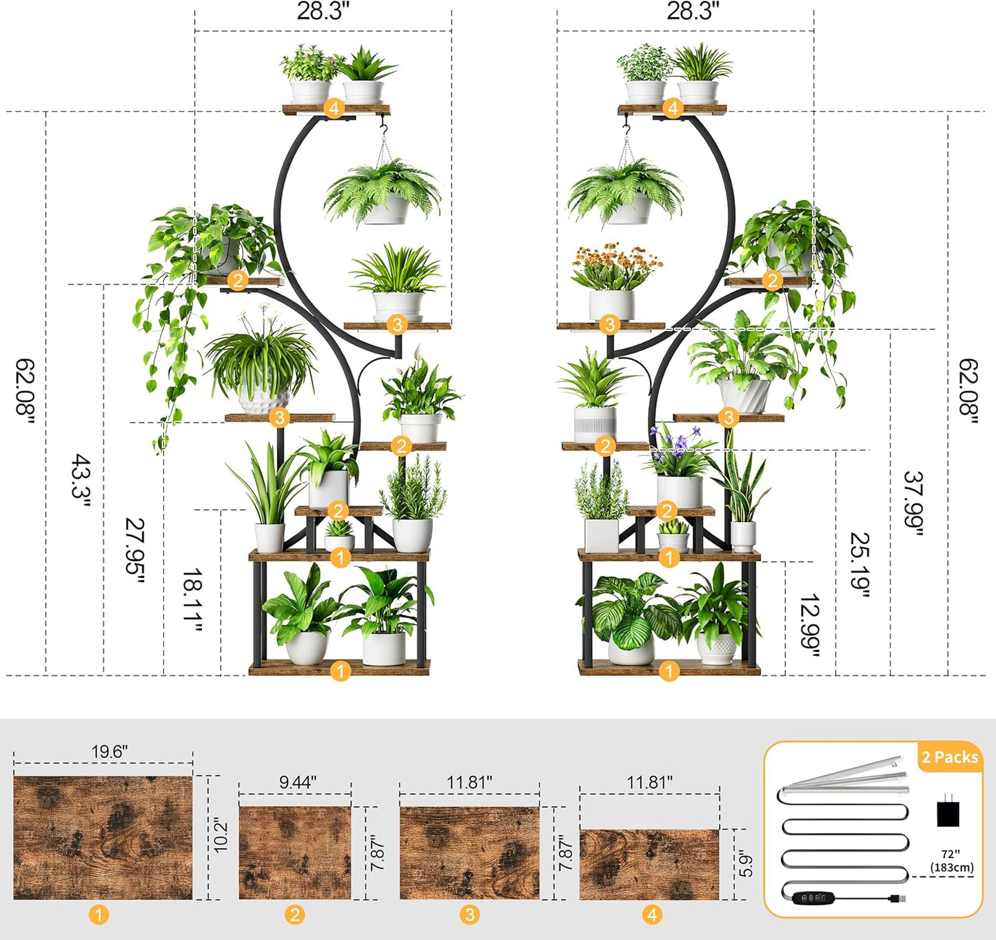 Plant Stand Indoor with Grow Light - 2 Pack Tall Indoor Plant Shelf, 62" Corner Plant Holder, 8 Tiered Large S-Shape Flower Multiple Display Shelf for Home, Office