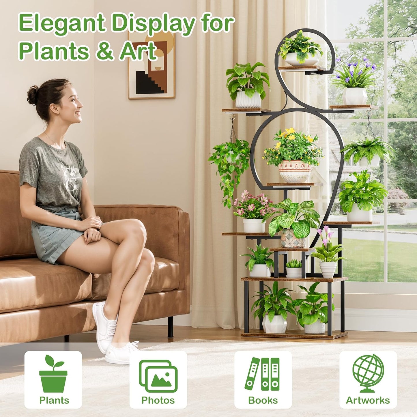 POZILAN Plant Stand Indoor with Grow Light - 9 Tiered 63" Tall Indoor Plant Shelf for Multiple Plants, Large Plant Shelf with Grow Light, Lighted Plant Stand for Indoor Plants