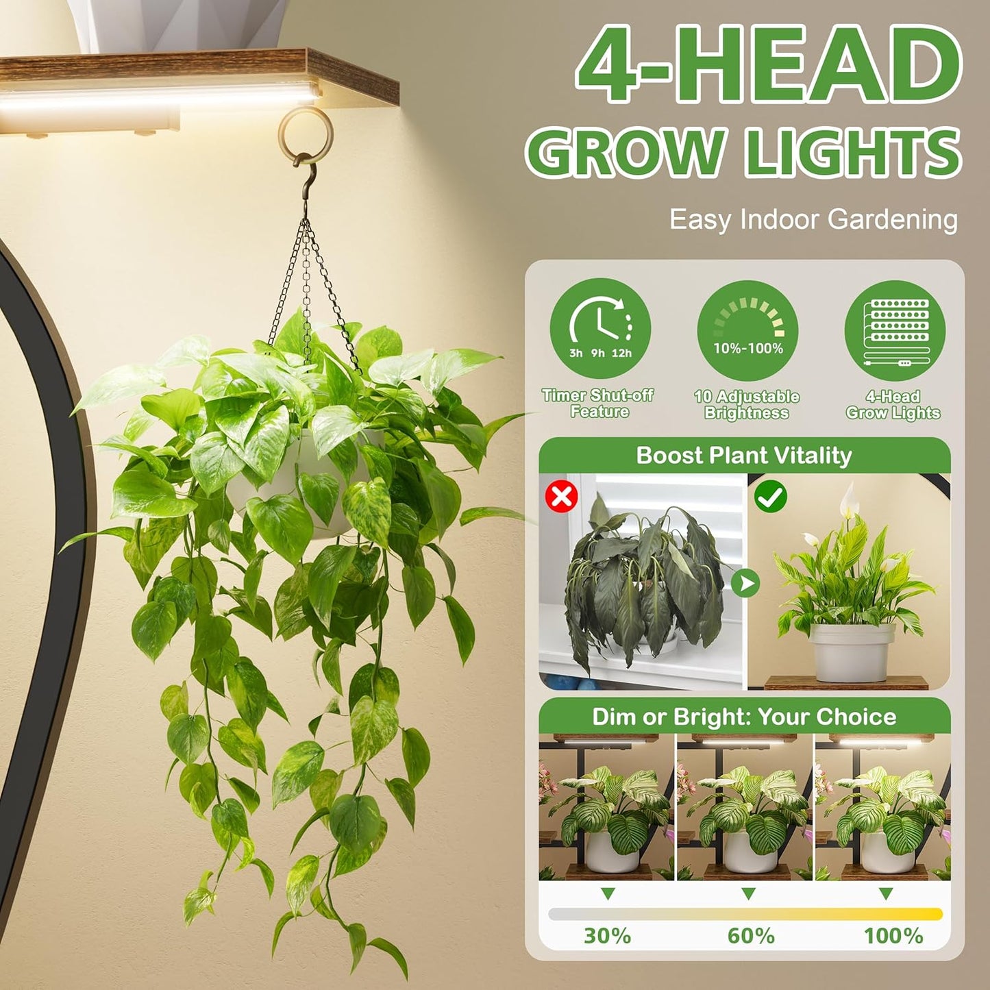 POZILAN Plant Stand Indoor with Grow Light - 9 Tiered 63" Tall Indoor Plant Shelf for Multiple Plants, Large Plant Shelf with Grow Light, Lighted Plant Stand for Indoor Plants